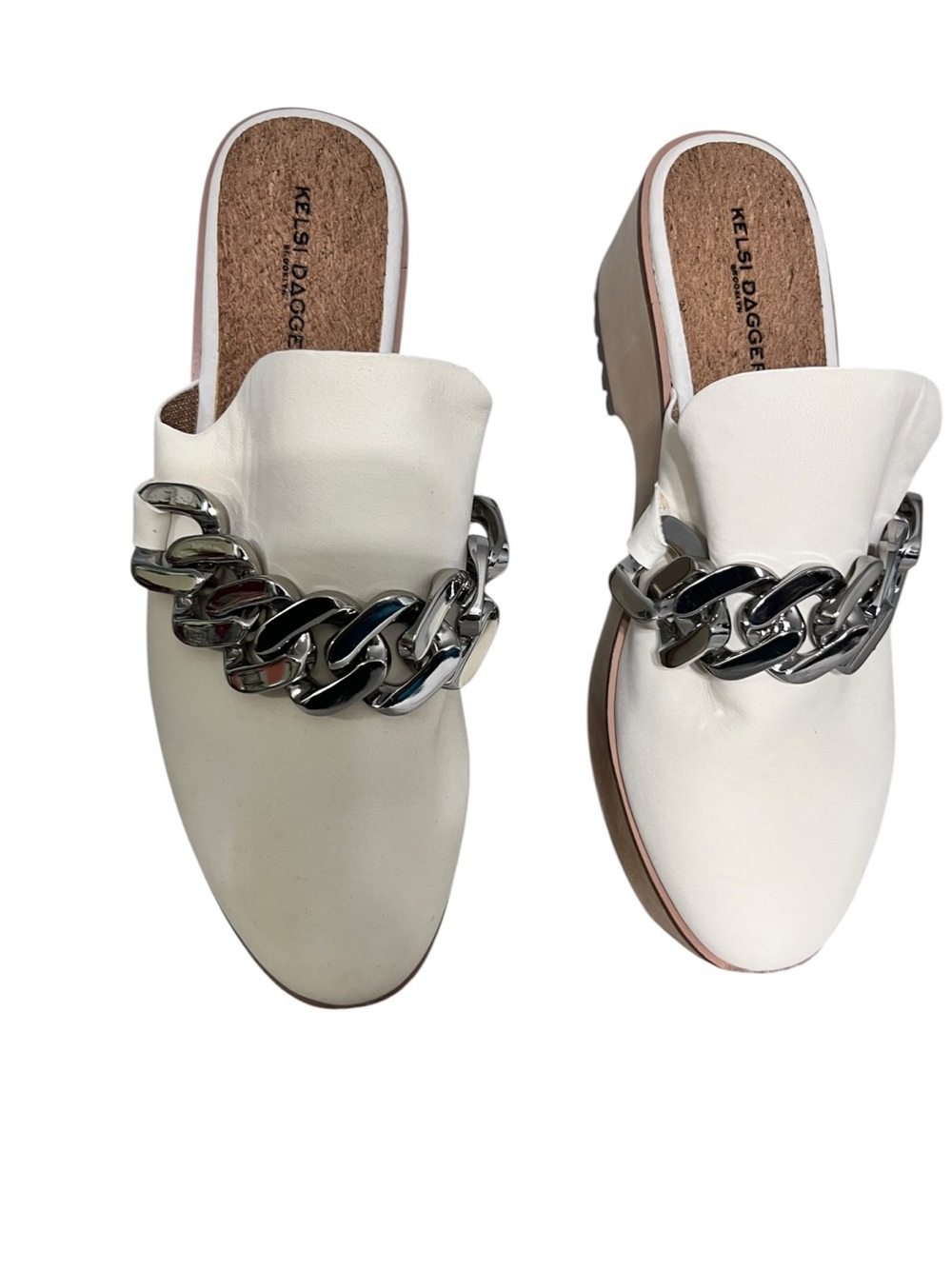 Kelsi Dagger White Leather Chain-Trim Mules